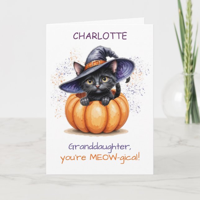 Tarjeta Nombre personalizado Nieta Halloween Cute Cat (Anverso)