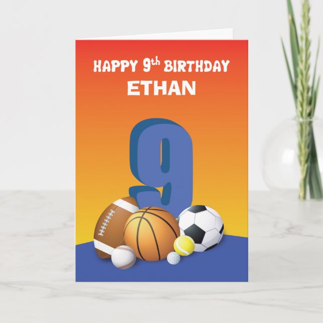 Tarjeta Nombre personalizado niño 9 cumpleaños pelotas de  (Anverso)