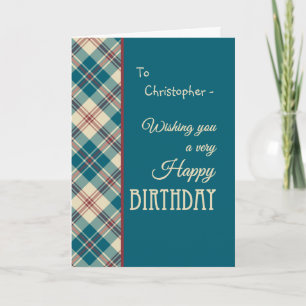 Tarjeta Nombre personalizado Red Blue Madras Check Birday