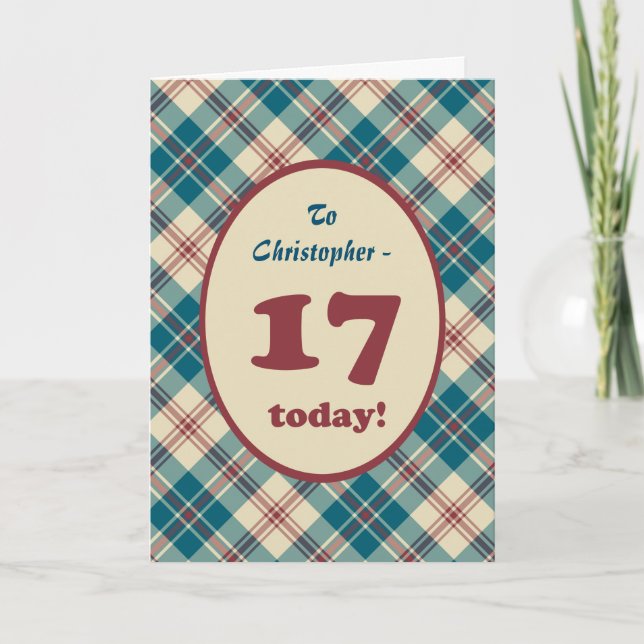 Tarjeta Nombre personalizado Red Blue Plaid 17 cumpleaños (Anverso)