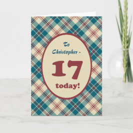 Tarjeta Nombre personalizado Red Blue Plaid 17 cumpleaños