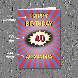 Tarjeta Nombre personalizado rojo azul y cumpleaños retro 