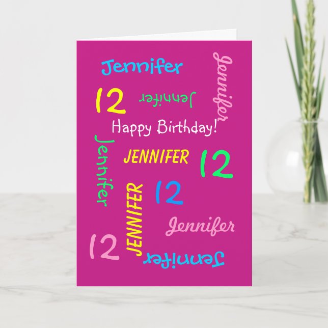 Tarjeta Nombre personalizado, rosa, 12 años, saludo (Anverso)