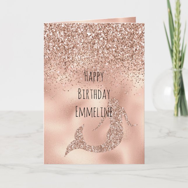 Tarjeta Nombre personalizado Rosa Sirena Purpurina de oro (Anverso)