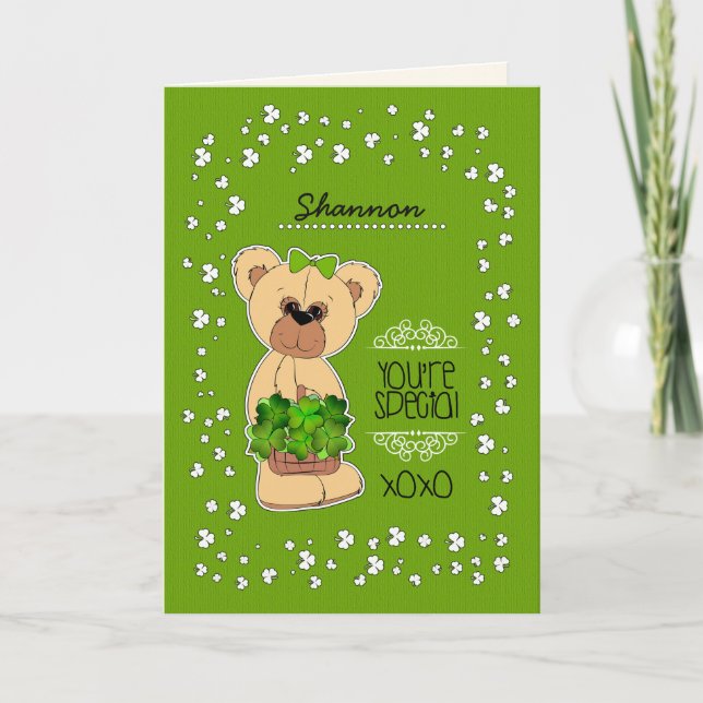 Tarjeta Nombre personalizado Teddy Bear St. Patrick's Day (Anverso)