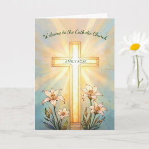 Tarjeta Nombre RCIA Bienvenida Iglesia Católica Cruz Lirio