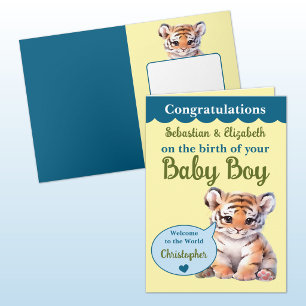 Tarjeta Nombres lindos de tigre azul verde para niño bebé