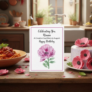 Tarjeta Nonna Happy August Birday Purple Poppy