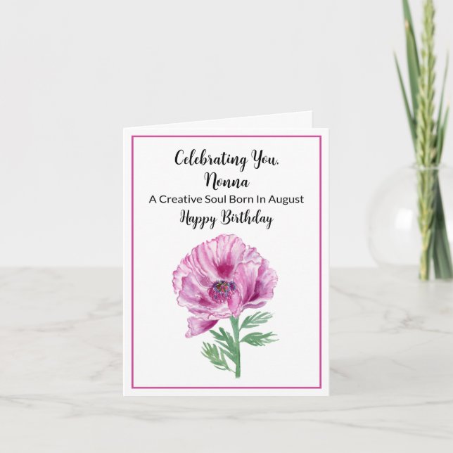 Tarjeta Nonna Happy August Birday Purple Poppy (Anverso)