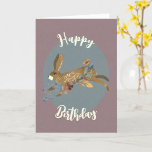 Tarjeta Nórdico Marrón Rabbit Floral Watercolor Cumpleaños
