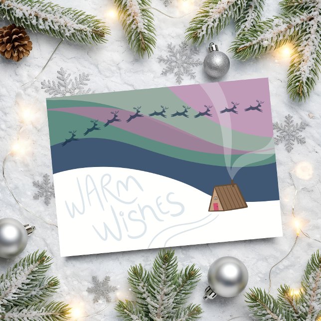 Tarjeta Northern Lights at the A-Frame Folded Holiday Card (Modern folded holiday greeting card featuring an A-frame cabin, northern lights, and reindeer.)