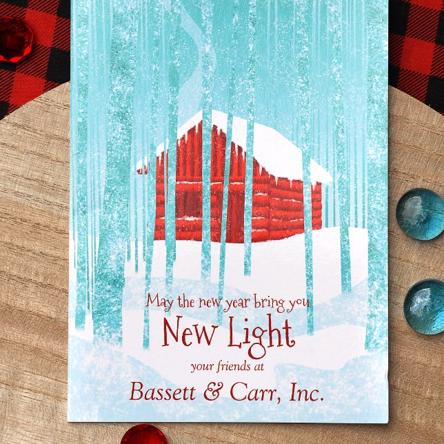 Tarjeta Nostálgico saludo de Chistmas de Negocios Rojos Co (Red Logo Company Christmas Card, Red Log Cabin, Turquoise Winter Trees)