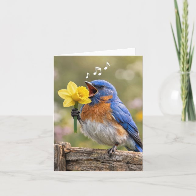 Tarjeta Note Card Bluebird Singing with a Yellow Daffodil (Anverso)