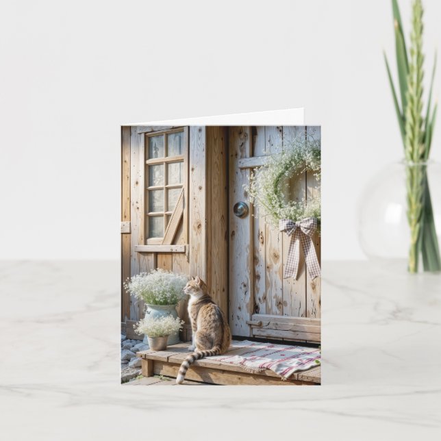 Tarjeta Note Card Farmhouse Cat With Baby's Breath Wreath (Anverso)