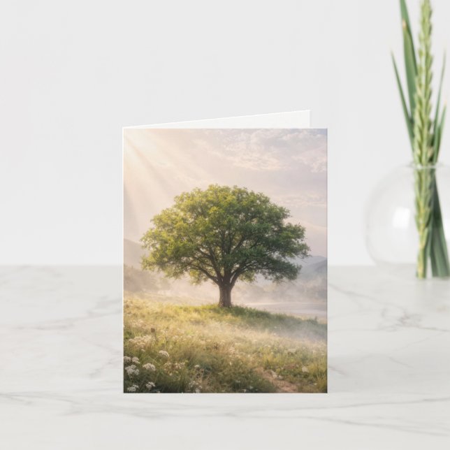 Tarjeta Note Card Solitary Green Tree with Sunbeams (Anverso)