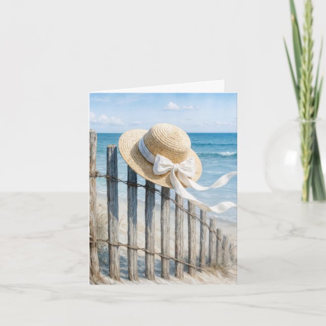 Tarjeta Note Card Summer Hat On a Beach Fence (Anverso)
