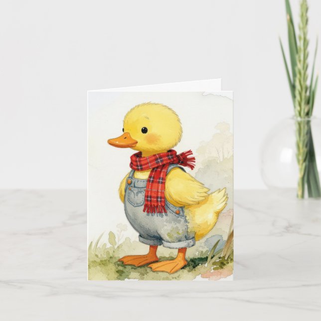 Tarjeta Note Card Watercolor Duck In Overalls (Anverso)