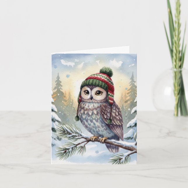 Tarjeta Note Card Watercolor Owl In Winter Hat (Anverso)