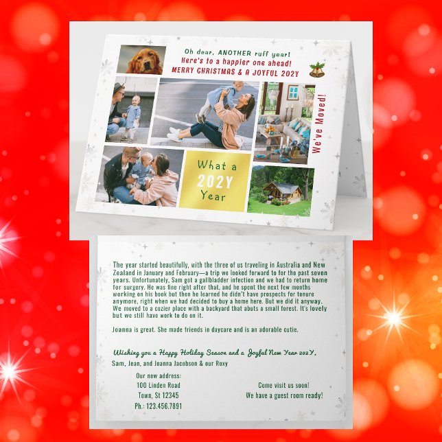 Tarjeta Novedosa temporada de perros hemos mudado a casa 6 (Funny dog Ruff year Christmas card. 6 Photos. Peace, love, joy. We've Moved. Elegant, modern. Snow)