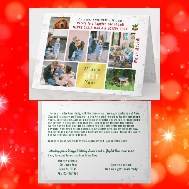 Tarjeta Novedosa temporada de perros hemos mudado de nuevo (Funny dog Ruff year Christmas card. 7 Photos. Peace, love, joy. We've Moved. Elegant, modern. Snow)