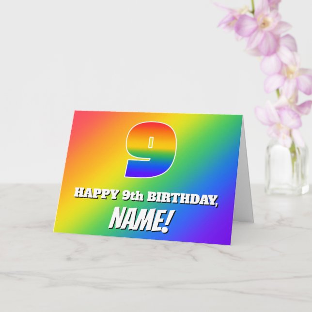Tarjeta Noveno cumpleaños: Patrón arcoiris multicolor # 9 (Orquídea)