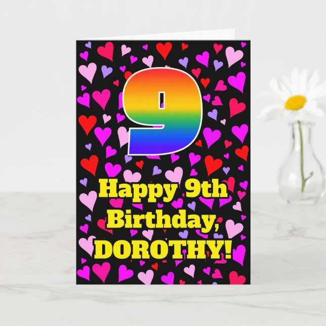 Tarjeta Noveno cumpleaños: Patrón de corazón amoroso, arco (Planta pequeña)