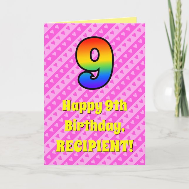 Tarjeta Noveno cumpleaños: Rayas y corazones rosas, arcoir (Anverso)