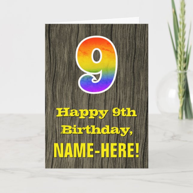 Tarjeta Noveno cumpleaños: Rústica apariencia de madera fa (Anverso)