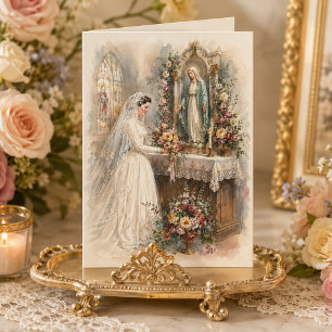 Tarjeta Novia católica vintage en el altar mariano de boda