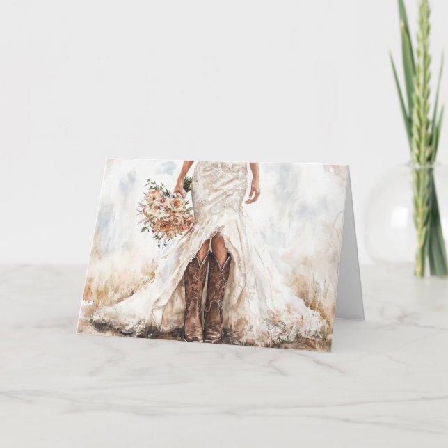 Tarjeta Novia salvaje y elegante en botas y encaje (Anverso)