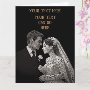 Tarjeta Novia y groom blanco delgado sobre negro