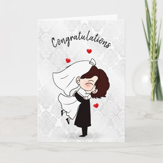 Tarjeta Novia y Groom en Damasco Blanco (Anverso)