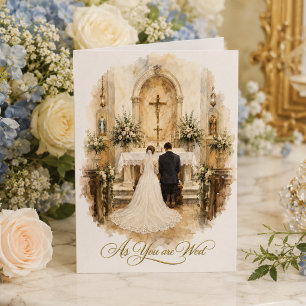 Tarjeta Novia y Novio Arrodillados en el Altar de Boda