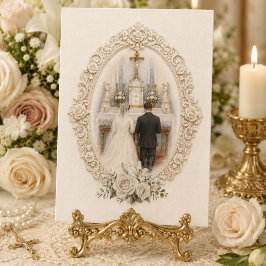 Tarjeta Novia y Novio Católicos Vintage en el Altar Mayor