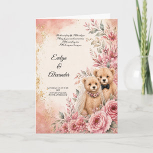 Tarjeta Novia y Novio de Osito de Peluche Lindo con Floral