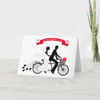 Tarjeta novia y novio en bicicleta boda