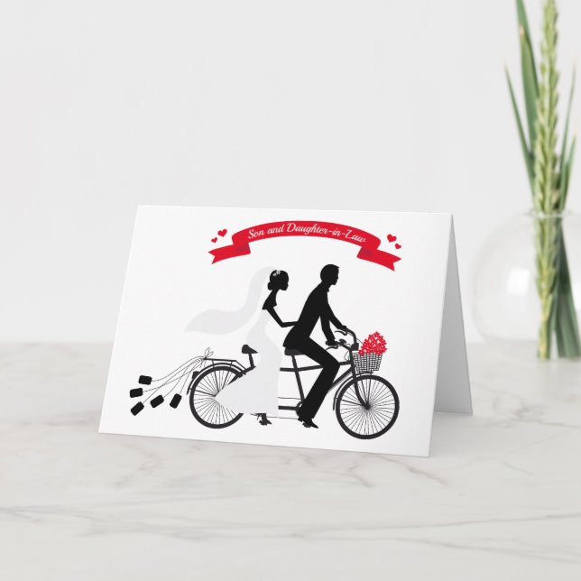 Tarjeta novia y novio en bicicleta boda (Anverso)