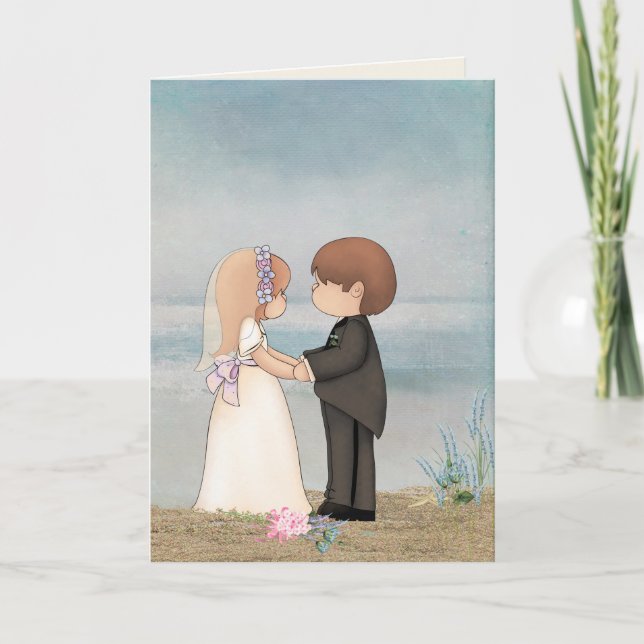 Tarjeta novia y novio en la playa (Anverso)