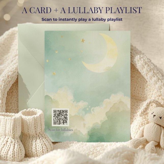 Tarjeta Nubes de Acuarela Verde Luna QR Canciones de Cuna (Modern green moon nursery card with an interactive QR code linking to a dreamy Spotify playlist.)