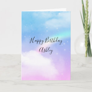 Tarjeta Nubes mágicas pasteles y cumpleaños arcoiris