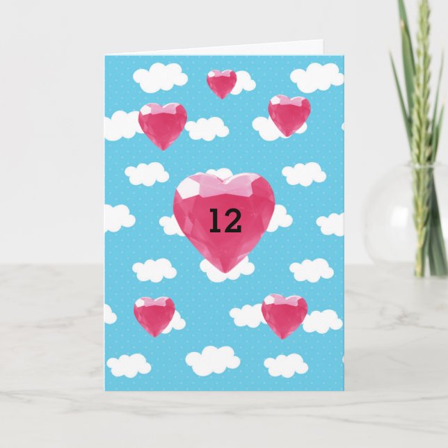 Tarjeta Nubes y gemas del corazón rosado 12 cumpleaños (Anverso)