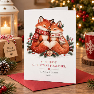 Tarjeta Nuestra primera Navidad juntos Nordic Fox Couple