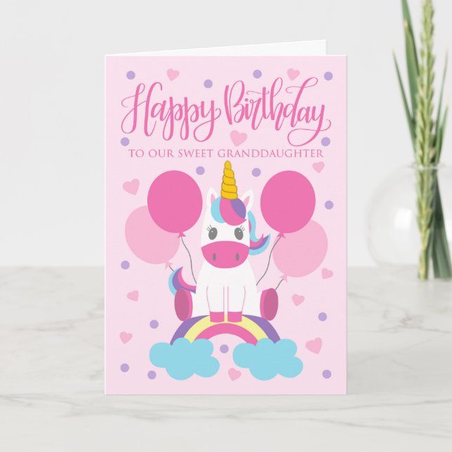 Tarjeta Nuestro cumpleaños de nieta unicornio en arcoíris (Anverso)