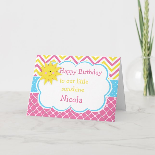 Tarjeta Nuestro pequeño cumpleaños amarillo y rosa Sunshin (Anverso)