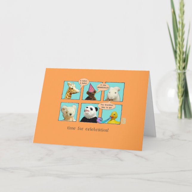 Tarjeta Nueva Abuela Nuevo Bebé Animales en Ventan (Anverso)