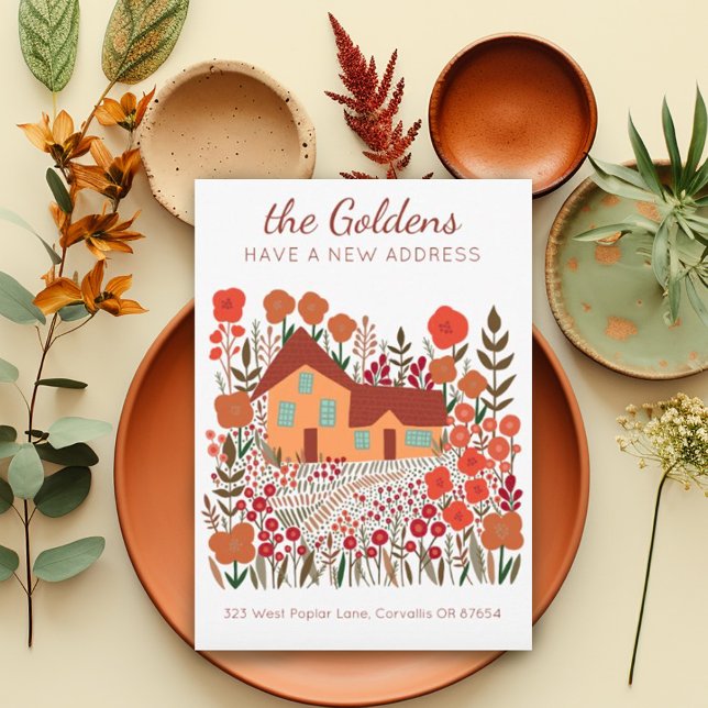 Tarjeta Nueva dirección residencial Moving Farmhouse Flowe (Sweet moving announcement new home custom card. Available as digital or paper card. Autumn colors)