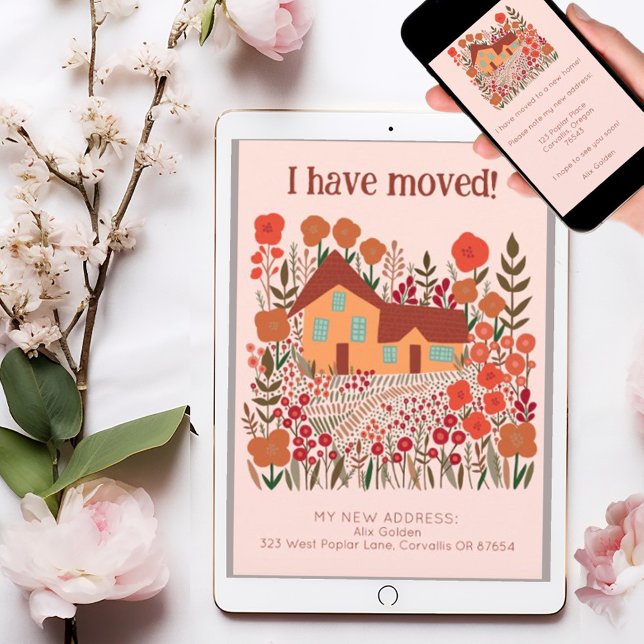 Tarjeta Nueva dirección residencial que he movido flores d (Custom cottage moving announcement address change flat card - also available as digital download. )