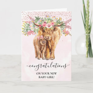 Tarjeta Nueva Ternera Vaca Highland Bebé Mujer Felicidades