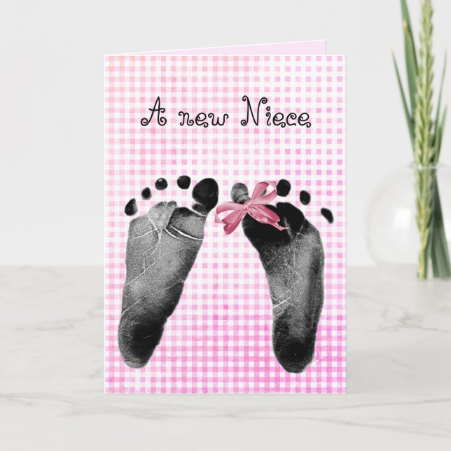 Tarjeta Nuevas huellas de sobrina en Pink Gingham (Anverso)
