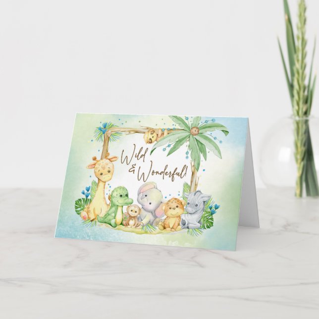 Tarjeta Nuevo bebé niño animales de safari salvajes y mara (Anverso)